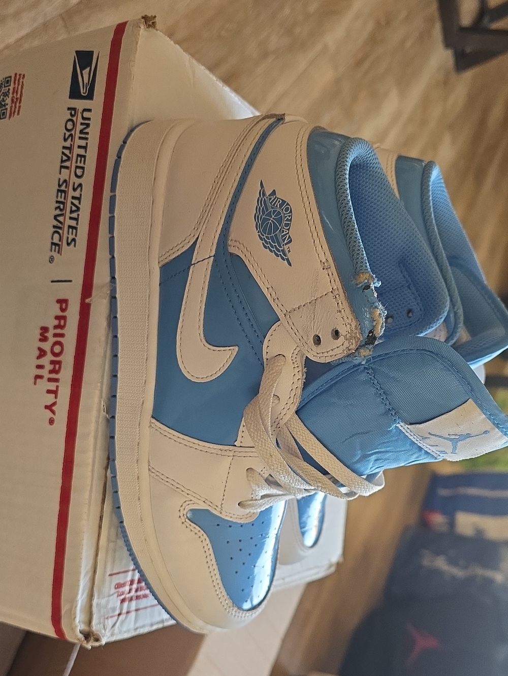 Used Jordan Kids Size 6.5 High-Top Sneakers in White and Light Blue No Box